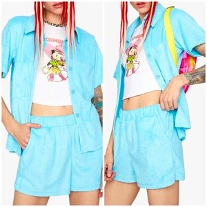 NWT Dolls Kill Two Piece Shorts Set Pockets Elastic Terry Cloth Festival Travel